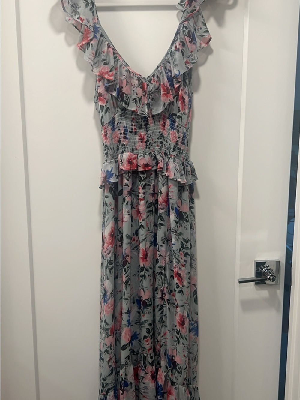 Astr Floral Ruffle Maxi Dress in Light Gray with Pink and Blue Blooms